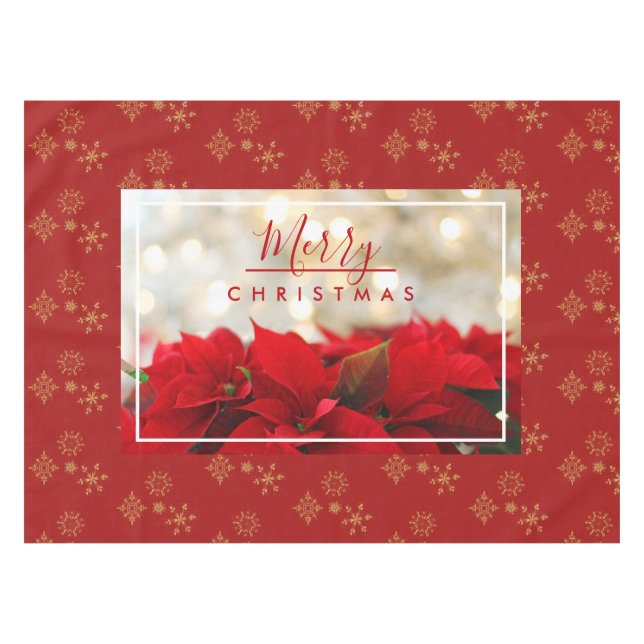 Red Poinsettias with Golden Bokeh Merry Christmas Tablecloth (Front (Horizontal))