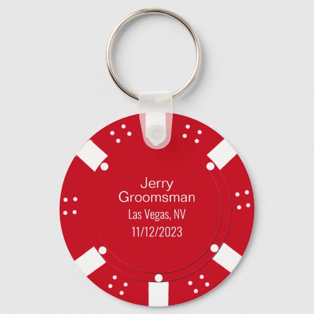 Red Poker Chip Casino Themed Wedding Favor  Key Ring (Front)