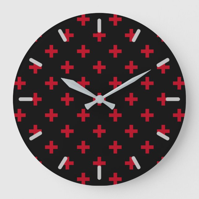 Red polka crosses on black large clock (Front)