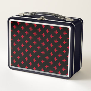 Red polka crosses on black metal lunch box