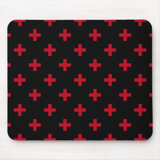 Red polka crosses on black mouse pad (Front)