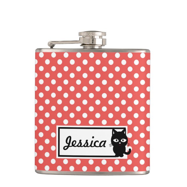 Red Polka Dot and Black Cat Personalised Hip Flask (Front)