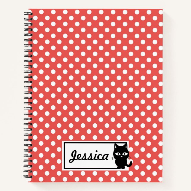 Red Polka Dot and Black Cat Personalised Notebook (Front)