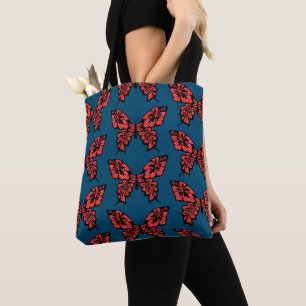 Red Polka Dot Butterfly Pattern on Blue Tote Bag
