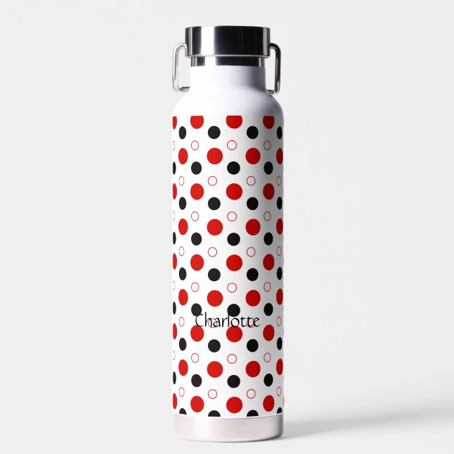 Red Polka dot Custom Name  Water Bottle (Front)