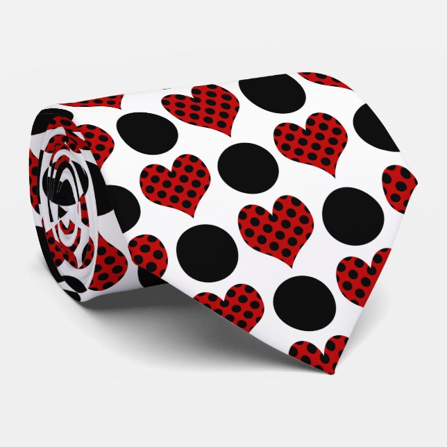 Red Polka Dot Hearts and Black Circles Pattern Tie (Rolled)