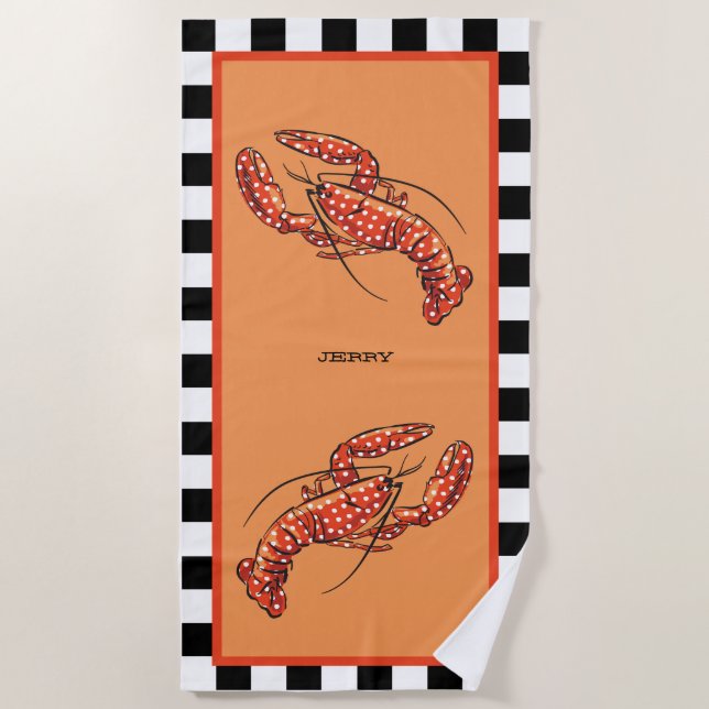 Red Polka Dot Lobster with Name Beach Towel (Front)