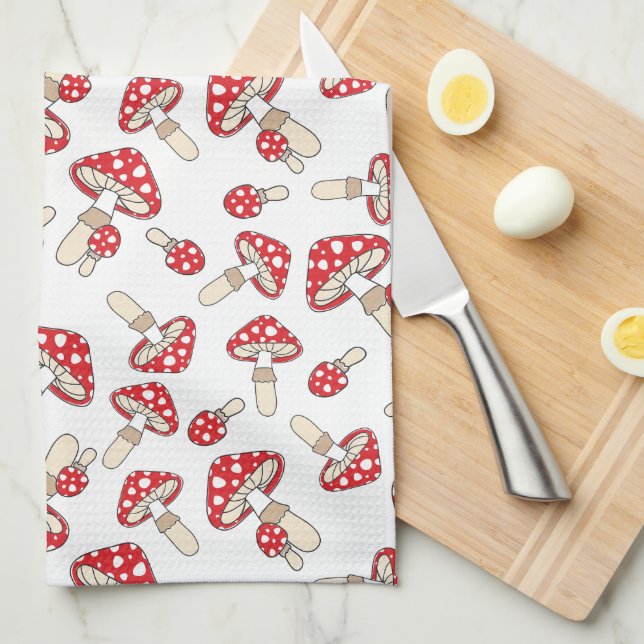 Red Polka Dot Mushrooms Tea Towel (Quarter Fold)
