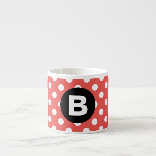 Red Polka Dot Pattern Black Monogram Espresso Cup (Front)
