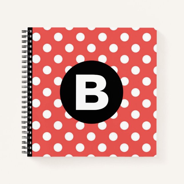 Red Polka Dot Pattern Black Monogram Notebook (Front)