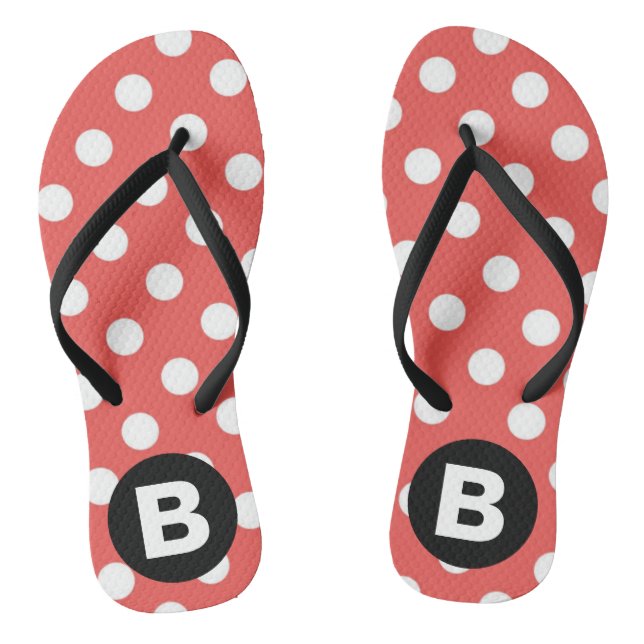 Red Polka Dot Pattern Black Monogram Thongs (Footbed)