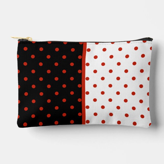 Red polka dot pattern on black and white accessory pouch (Front)