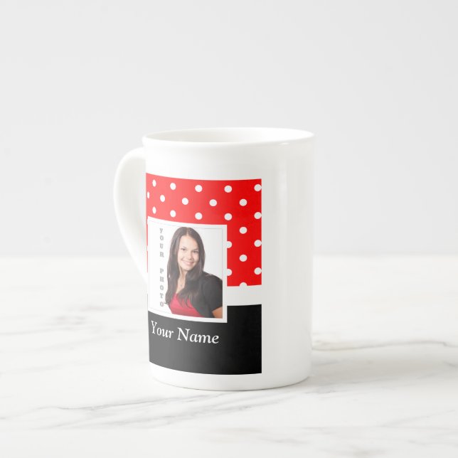 Red Polka dot photo template Bone China Mug (Front Left)