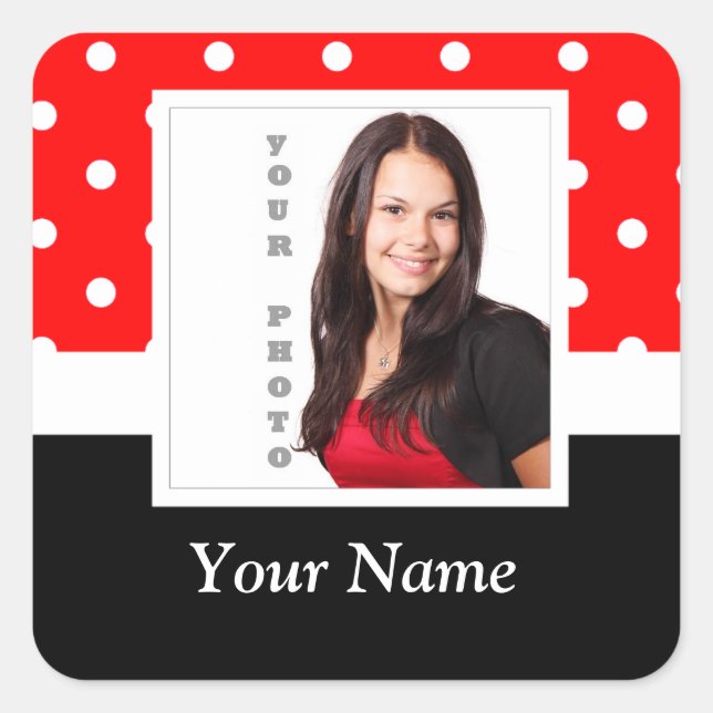 Red Polka dot photo template Square Sticker (Front)