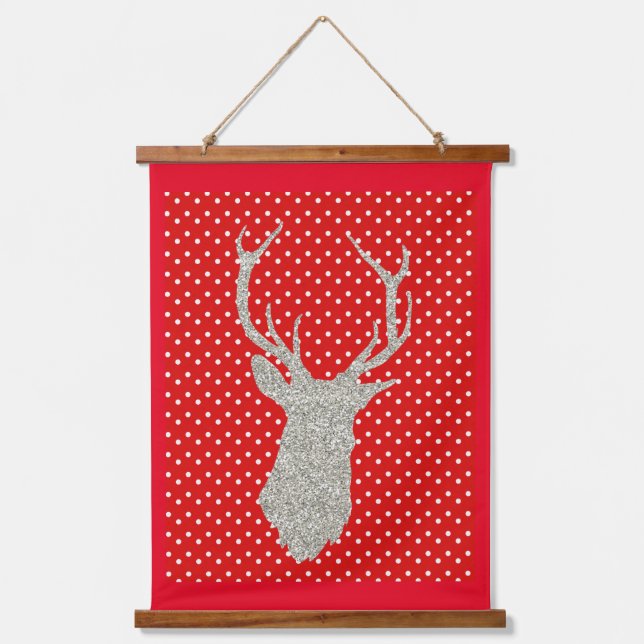 Red Polka Dot Silver Glitter Deer Holiday Hanging Tapestry (Front)