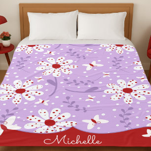 Red Polka Dot White Flowers On Purple Fleece Blanket