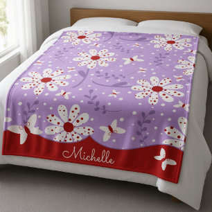 Red Polka Dot White Flowers On Purple Fleece Blanket