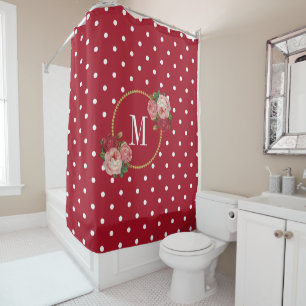 Red Polka Dots Elegant Vintage Roses Cute Monogram Shower Curtain