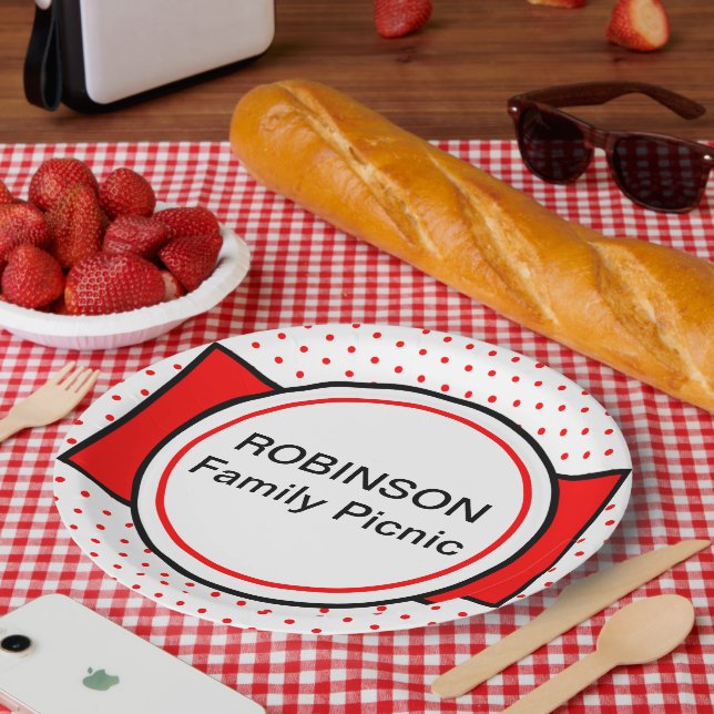 Red Polka Dots Family Picnic Name Paper Plate (Picnic)