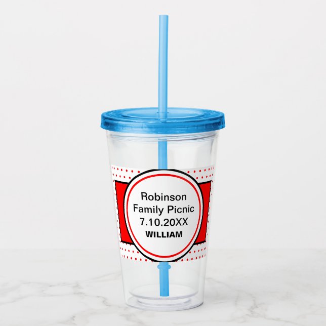 Red Polka Dots Family Picnic Personalised Name Acrylic Tumbler (Front)