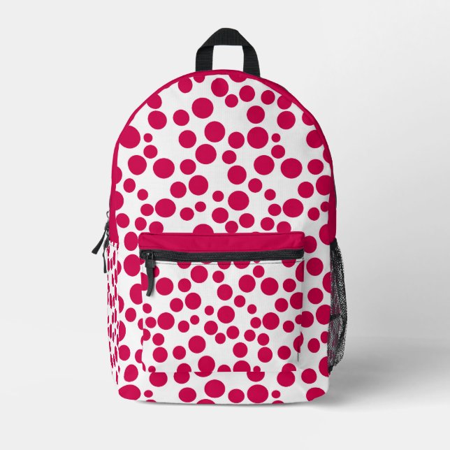 red polka dots on a white background printed backpack (Front)
