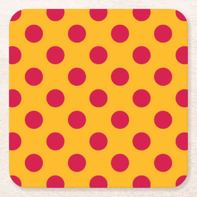 Red polka dots on yellow square paper coaster (Front)
