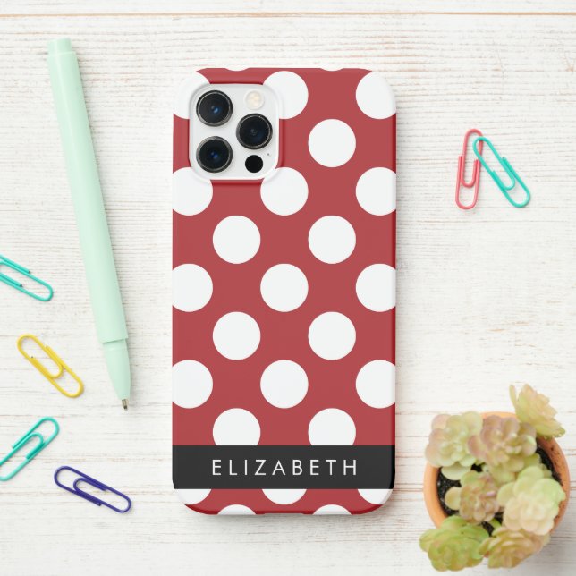 Red Polka Dots, Polka Dot Pattern, Your Name iPhone Case (On Desk)