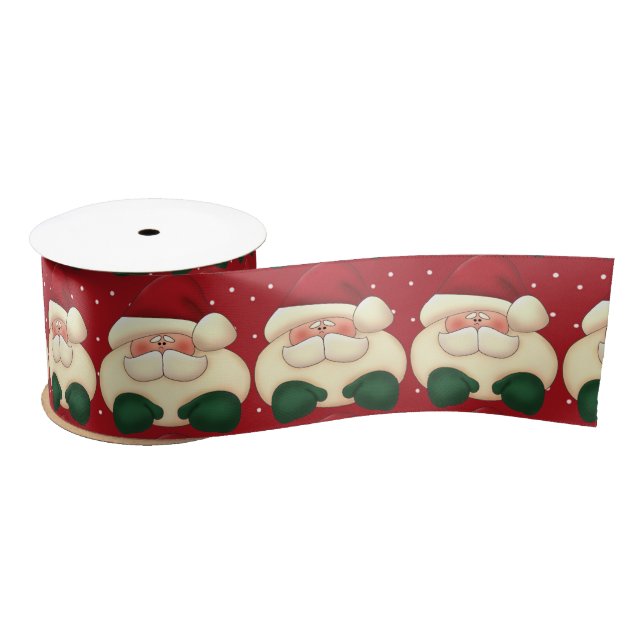 Red Polka Dots with Cartoon Santa Satin Ribbon (Spool)