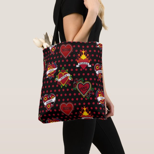 Red Polka Dotted Mum Tattoo Tote Bag (Close Up)