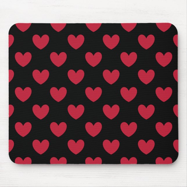 Red polka hearts on black mouse pad (Front)
