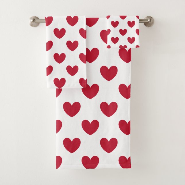 Red polka hearts on white bath towel set (Insitu)