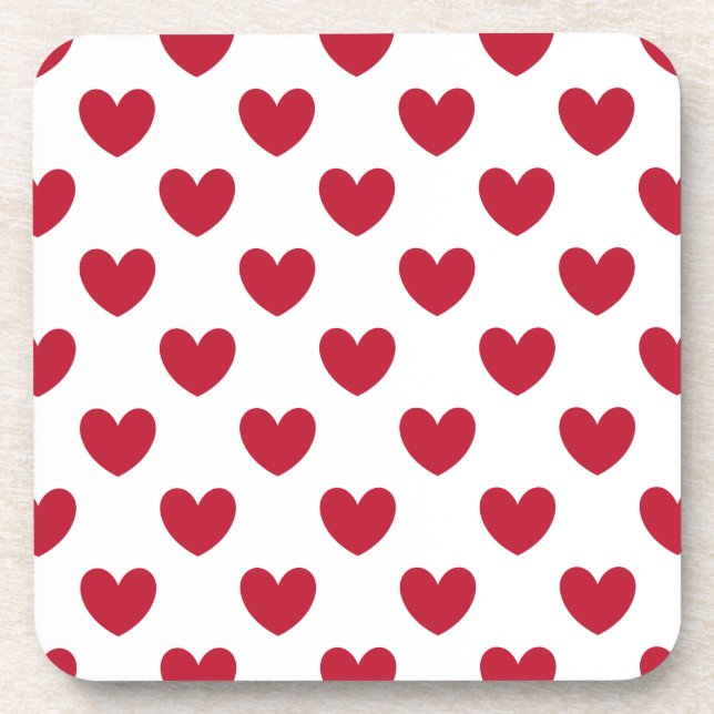 Red polka hearts on white coaster (Front)