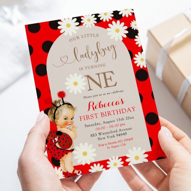 Red Polkadot Ladybug Daisy Blonde First Birthday Invitation (Creator Uploaded)