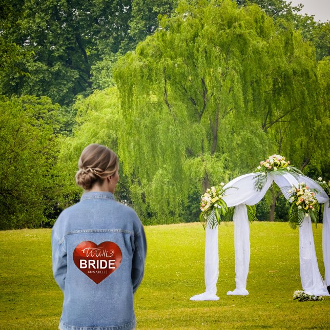 Red Polygonal Heart Team Bride Bachelorette Party Denim Jacket (Creator Uploaded)
