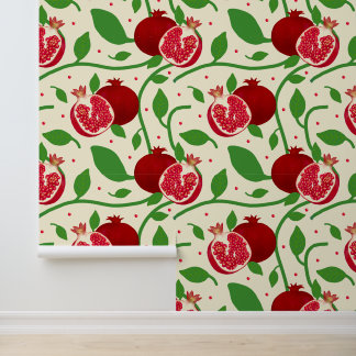 Red Pomegranate and Green Botanical on Cream Wallpaper