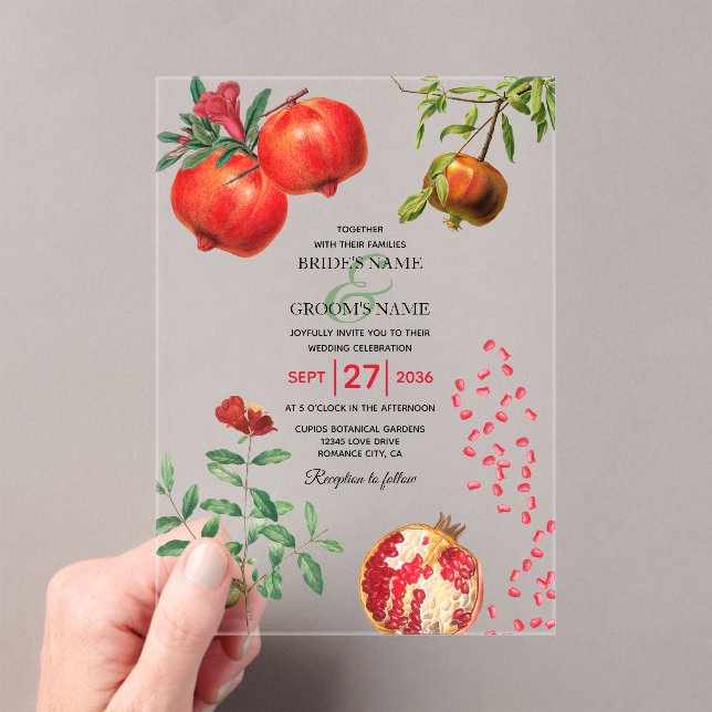 Red Pomegranate Botanical Mediterranean Wedding Acrylic Invitations (Insitu (Handheld))