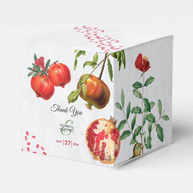 Red Pomegranate Botanical Mediterranean Wedding Favour Box (Front Side)