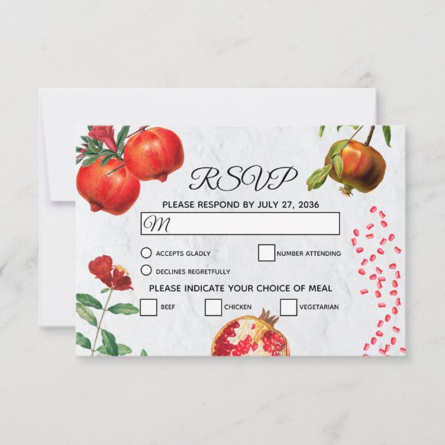 Red Pomegranate Botanical Mediterranean Wedding  RSVP Card (Front)