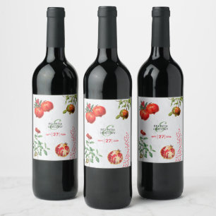 Red Pomegranate Botanical Mediterranean Wedding  Wine Label