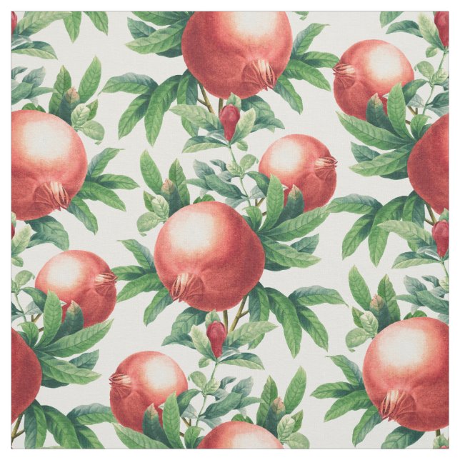 Red Pomegranate Fruits & Green Leaves Fabric (Swatch)