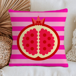 Red Pomegranate on Fuchsia Pink Stripes Fruit Art Cushion