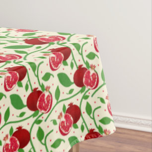 Red Pomegranate with Green Leaves-Cream Tablecloth