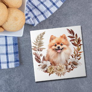 Red Pomeranian Dog Autumn Wreath Ceramic Tile
