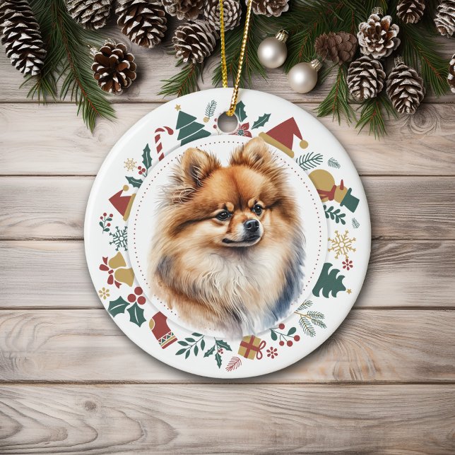 Red Pomeranian Dog Christmas Wreath Ceramic Ornament (Creator Uploaded)