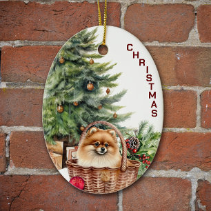 Red Pomeranian Dog Wicker Basket Christmas Ceramic Ornament