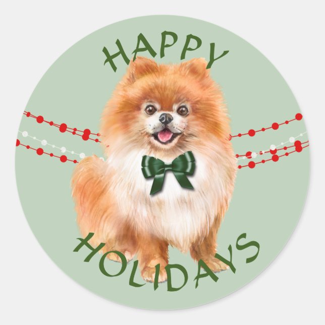 Red Pomeranian Green Bow Happy Holidays Classic Round Sticker (Front)