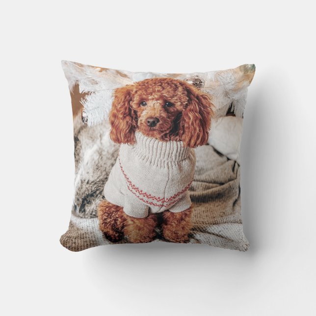 Red Poodle in a sweater under a Christmas Tree Cushion (Front)