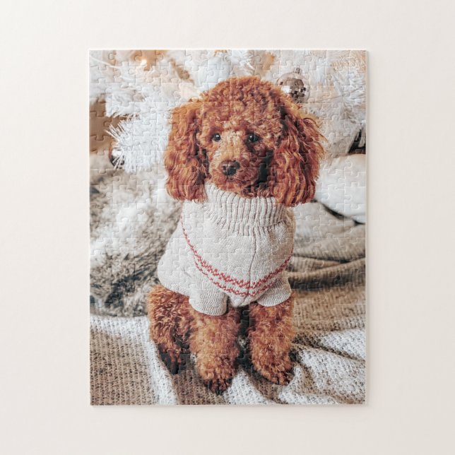 Red Poodle in a sweater under a Christmas Tree Jigsaw Puzzle (Vertical)