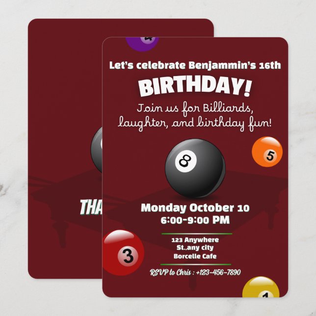 Red Pool Table Billiards Snooker Birthday Party Invitation (Front/Back)