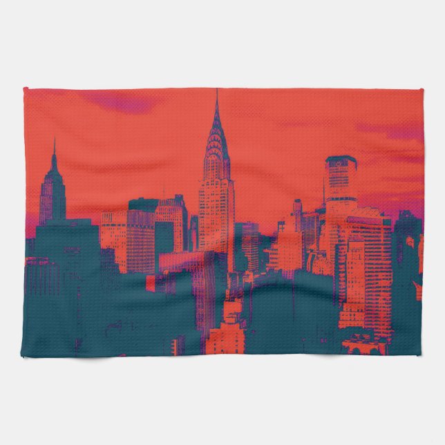 Red Pop Art New York City Night Tea Towel (Horizontal)